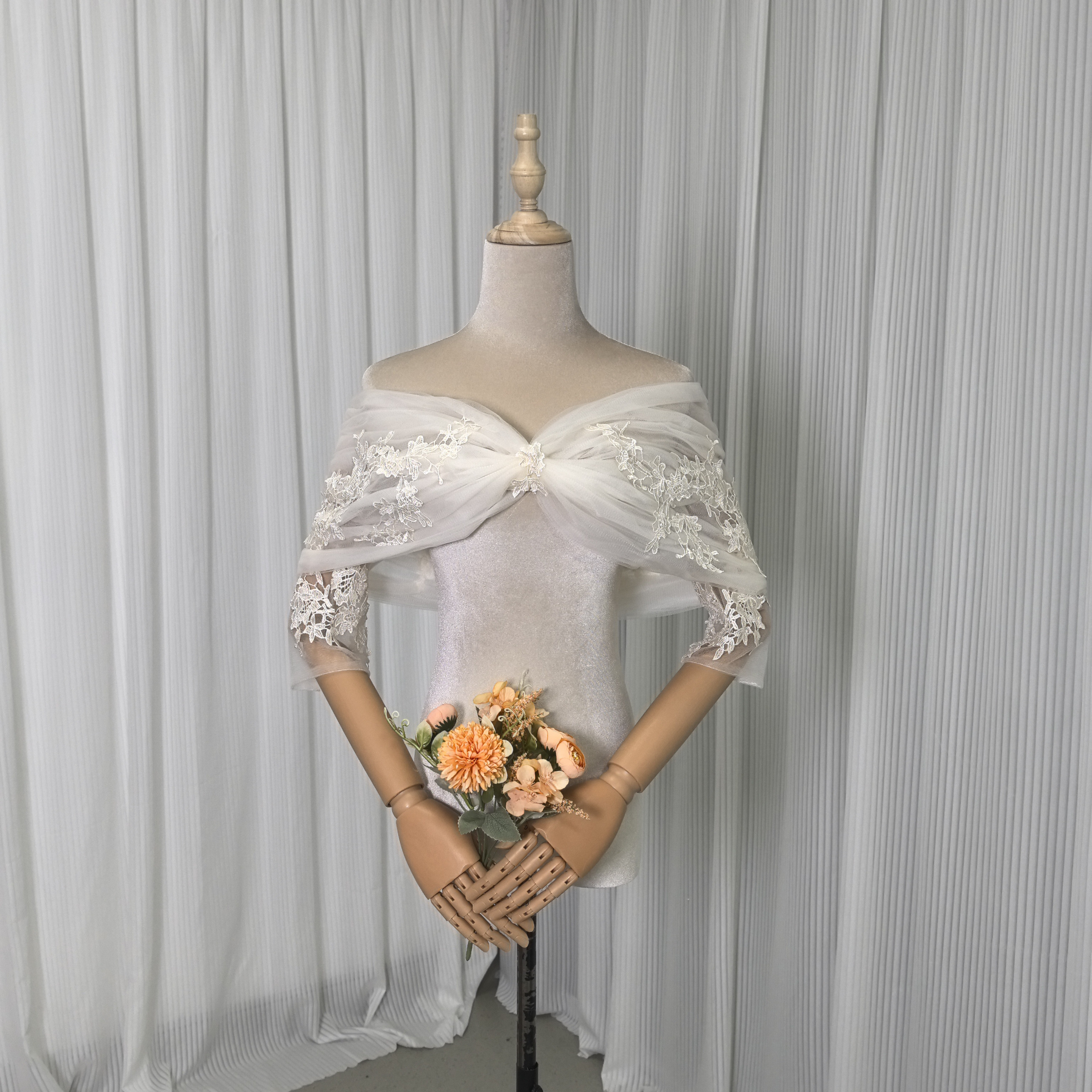 送料無料！取り外しオフショルダー アイボリー 七分袖丈 上品花レース  大人っぽい クラシカル ブライダル