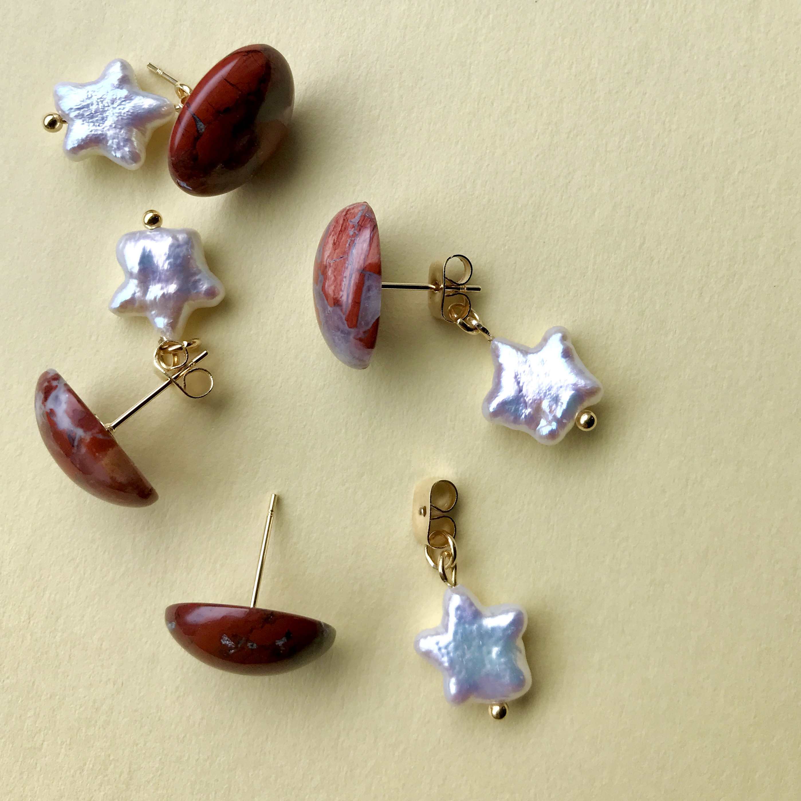 【一点物】レッドジャスパー＋淡水パール　2wayピアス