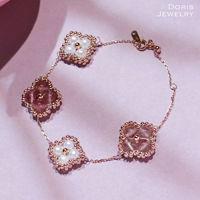 『Sweet Life』 四葉モチーフブレスレット　ピンクエピドート　淡水パール　クローバー　ネコポス送料無料 4,328円