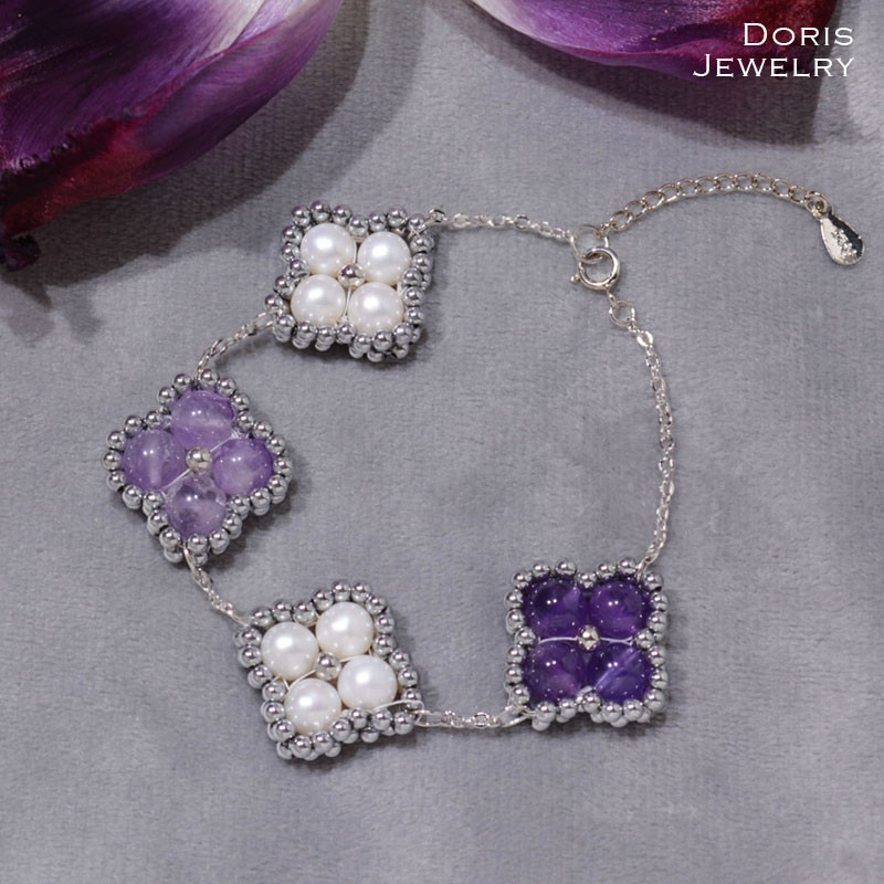 『Crafting Life 』 アメジストと淡水真珠の四葉ブレスレット　フラワー クローバー　ネコポス送料無料 4,544円