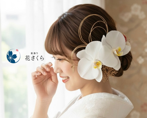 凛と咲く胡蝶蘭の髪飾り①R 結婚式 成人式 胡蝶蘭 和装 振袖 卒業式 白