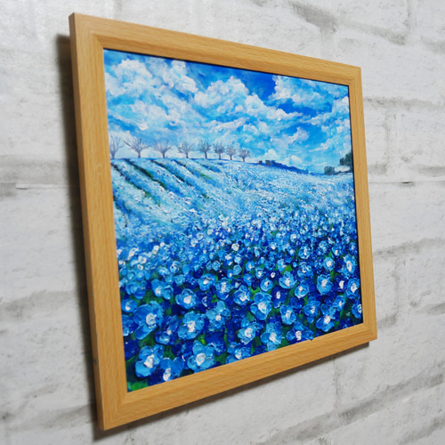 手書き油絵 ブルーウォーター 額付 絵画 インテリア 油彩画 油絵 油彩 油彩画 絵 絵画【ネモフィラブルーの丘】 絵画 HR 通販