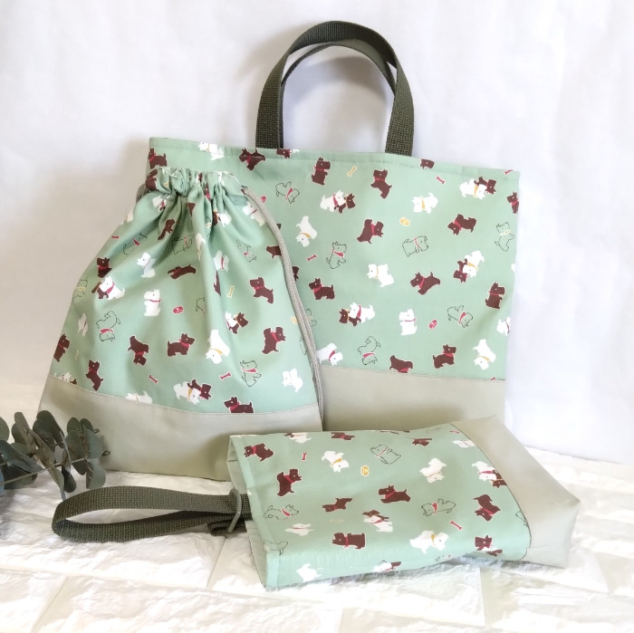 《送料無料》通園・通学3点セット・小さなわんこ・グリーン　レッスンバッグ&上履き入れ&体操着袋　＃n1365