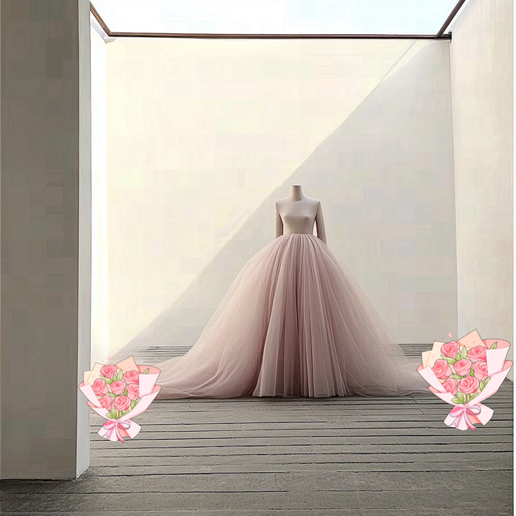 くすみピンクチュールスカート　豪華トレーン　オーバードレス　ふんわり素チュール　ボリューム　エリア感　結婚式 披露宴