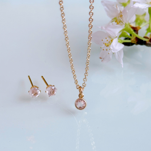 《4月誕生石》桜色 モルガナイト ネックレス ピアス イヤリング セット 金属アレルギー 誕生日 クリスマス 母の日 2枚目の画像