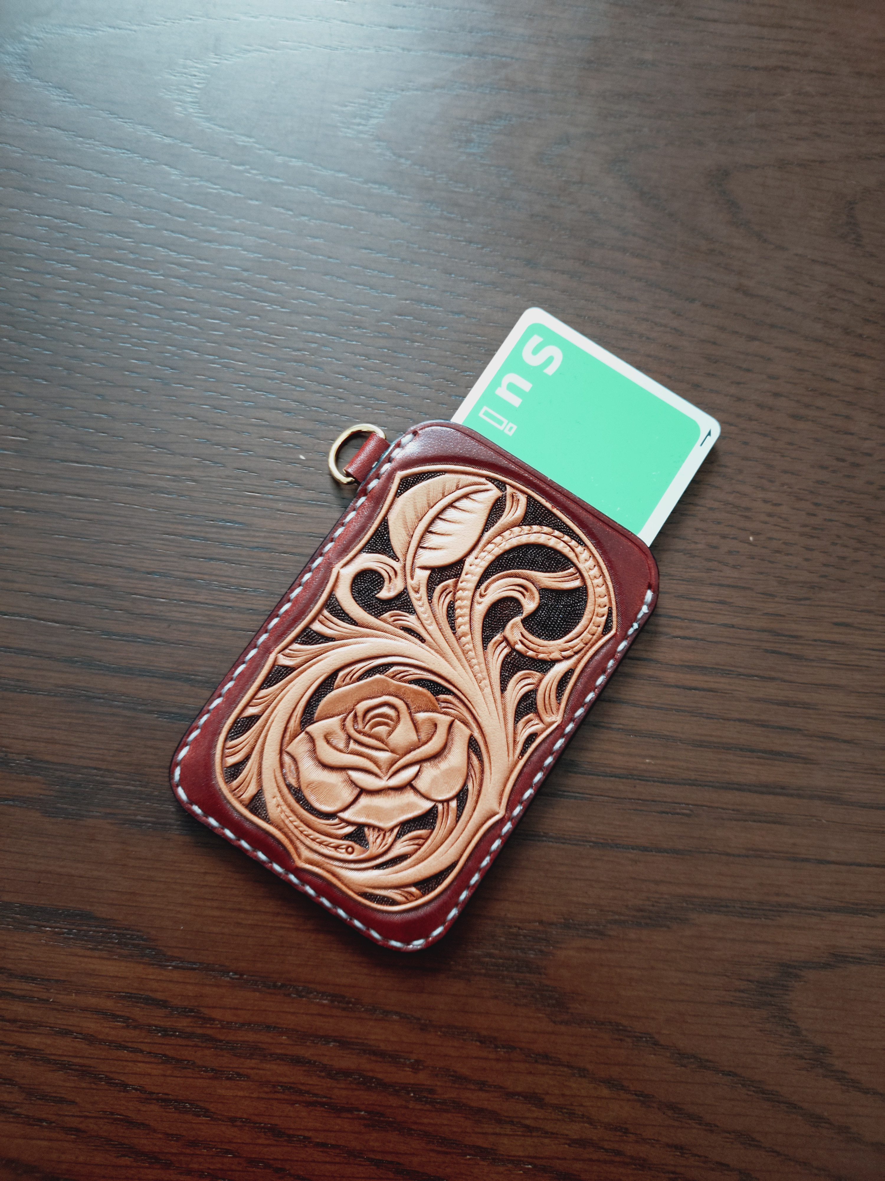 パスケース　薔薇　レザーカービング　本革