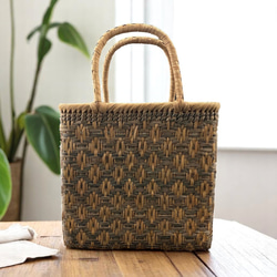 ◉ひとみ！美品 一閑張り 竹籠バック 鶴 松 時代物布 柿渋染め 大サイズ