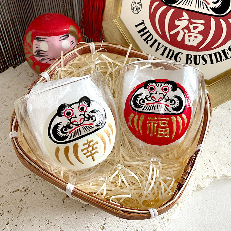 【文字変更OK】紅白ダルマ ペアグラス　贈答用/結婚祝い/引出物/手描き