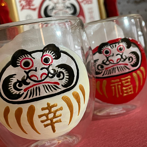 文字変更OK】紅白ダルマ ペアグラス 贈答用/結婚祝い/引出物/手描き