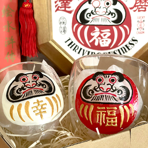 文字変更OK】紅白ダルマ ペアグラス 贈答用/結婚祝い/引出物/手描き