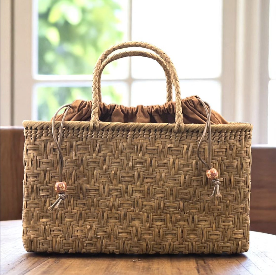 希NO.1人気＜天然素材／六角花編み＞巾着付き 山葡萄かごバッグ｜手作り籠バッグ・柿渋染布使用・育てるバッグ