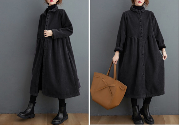 【受注制作】 通勤・防寒・秋冬コート・大きいサイズ・着痩せ・コーデュロイ生地・ワンピースポケット付き 4枚目の画像