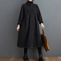 【受注制作】 通勤・防寒・秋冬コート・大きいサイズ・着痩せ・コーデュロイ生地・ワンピースポケット付き 2枚目の画像