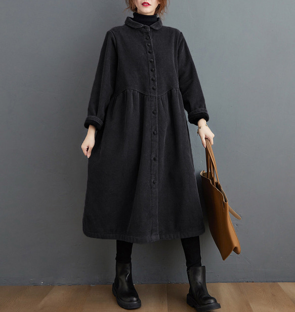 【受注制作】 通勤・防寒・秋冬コート・大きいサイズ・着痩せ・コーデュロイ生地・ワンピースポケット付き 2枚目の画像