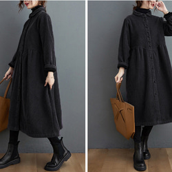 【受注制作】 通勤・防寒・秋冬コート・大きいサイズ・着痩せ・コーデュロイ生地・ワンピースポケット付き 3枚目の画像