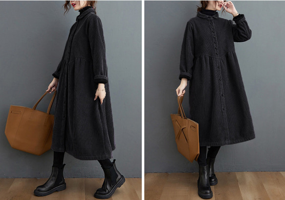 【受注制作】 通勤・防寒・秋冬コート・大きいサイズ・着痩せ・コーデュロイ生地・ワンピースポケット付き 3枚目の画像