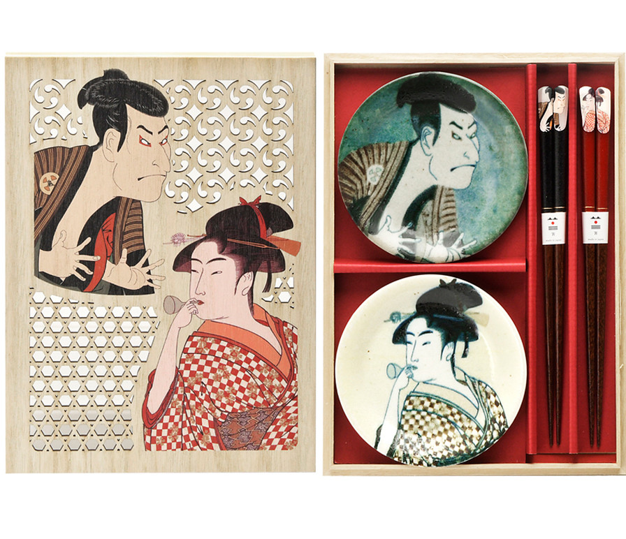 HOK-8008B　浮世絵器行　写楽・歌麿　小皿箸揃ペア 木箱