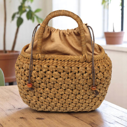 天然素材＞六角花編み 巾着 山葡萄かごバッグ 籠バッグ 手作り かご