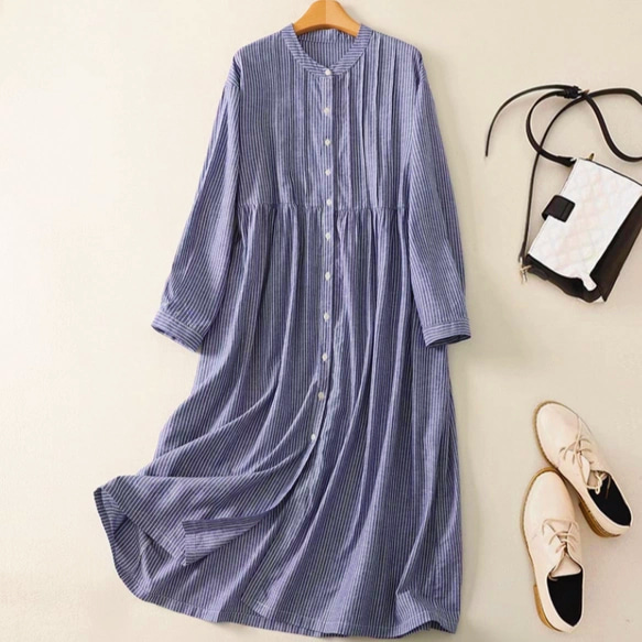 春◆秋◆綿麻◆コットンリネン◆ストライプ柄◆ワンピース◆通勤◆通学◆ 長袖◆ 1枚目の画像