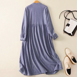 春◆秋◆綿麻◆コットンリネン◆ストライプ柄◆ワンピース◆通勤◆通学◆ 長袖◆ 2枚目の画像