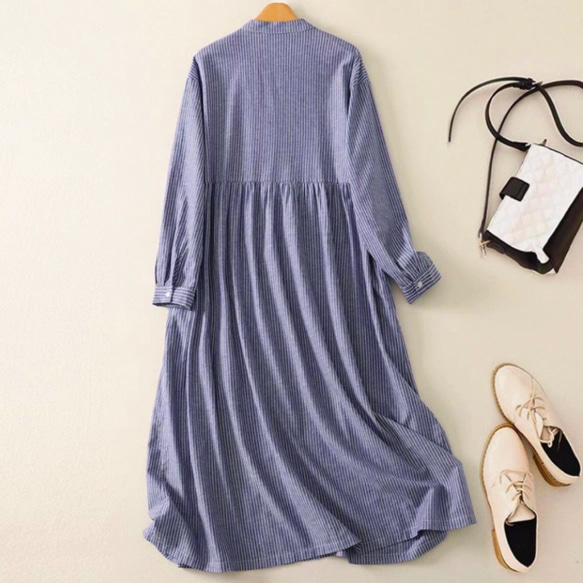 春◆秋◆綿麻◆コットンリネン◆ストライプ柄◆ワンピース◆通勤◆通学◆ 長袖◆ 2枚目の画像