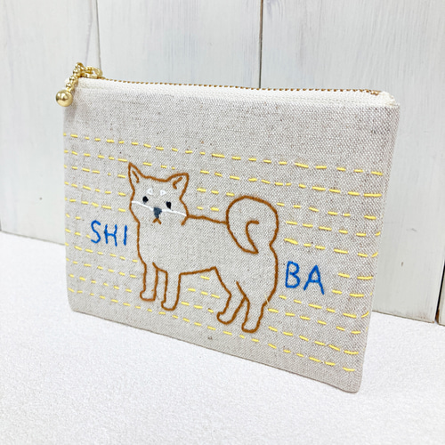 送料無料》ミニポーチ【柴犬】 刺し子・綿麻・帆布 ポーチ 夙川さくら
