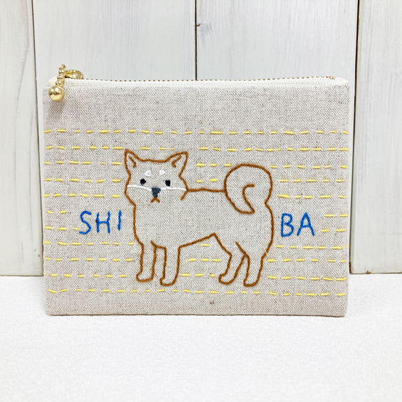 送料無料》ミニポーチ【柴犬】 刺し子・綿麻・帆布 ポーチ 夙川さくら
