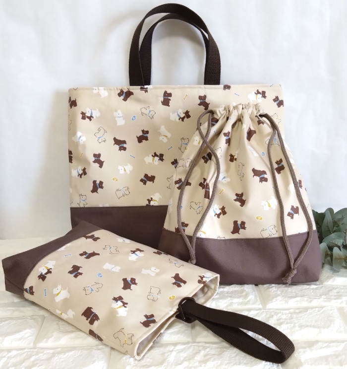 《送料無料》通園・通学3点セット・小さなわんこ・ベージュ　レッスンバッグ&上履き入れ&体操着袋　＃n1347