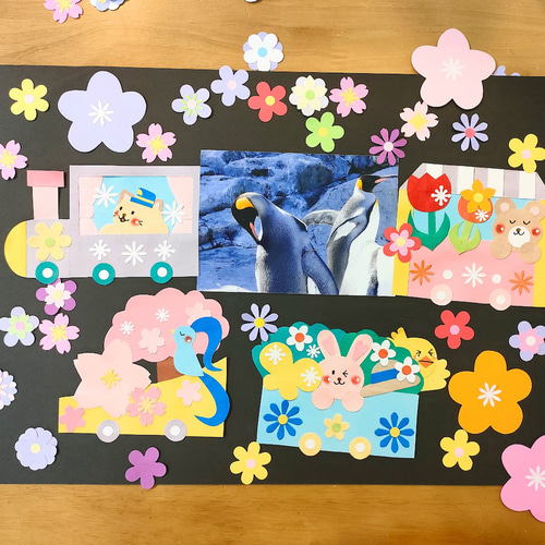 桜 汽車 色紙 壁面 アルバム 飾り ～春の汽車に乗って♪～ 猫 うさぎ