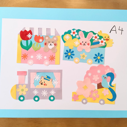 桜 汽車 色紙 壁面 アルバム 飾り ～春の汽車に乗って♪～ 猫 うさぎ