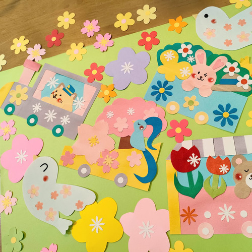 桜 汽車 色紙 壁面 アルバム 飾り ～春の汽車に乗って♪～ 猫 うさぎ