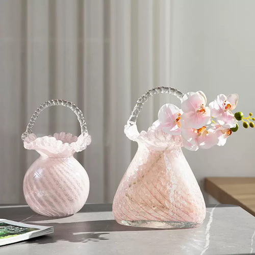 ハンドバッグ型　花器 ピンク ガラス　紙吹雪　花瓶 光沢仕上げ　アート 桜色ガラス手提げ花瓶 多款式セット 一輪挿し・花瓶・花器 King 通販