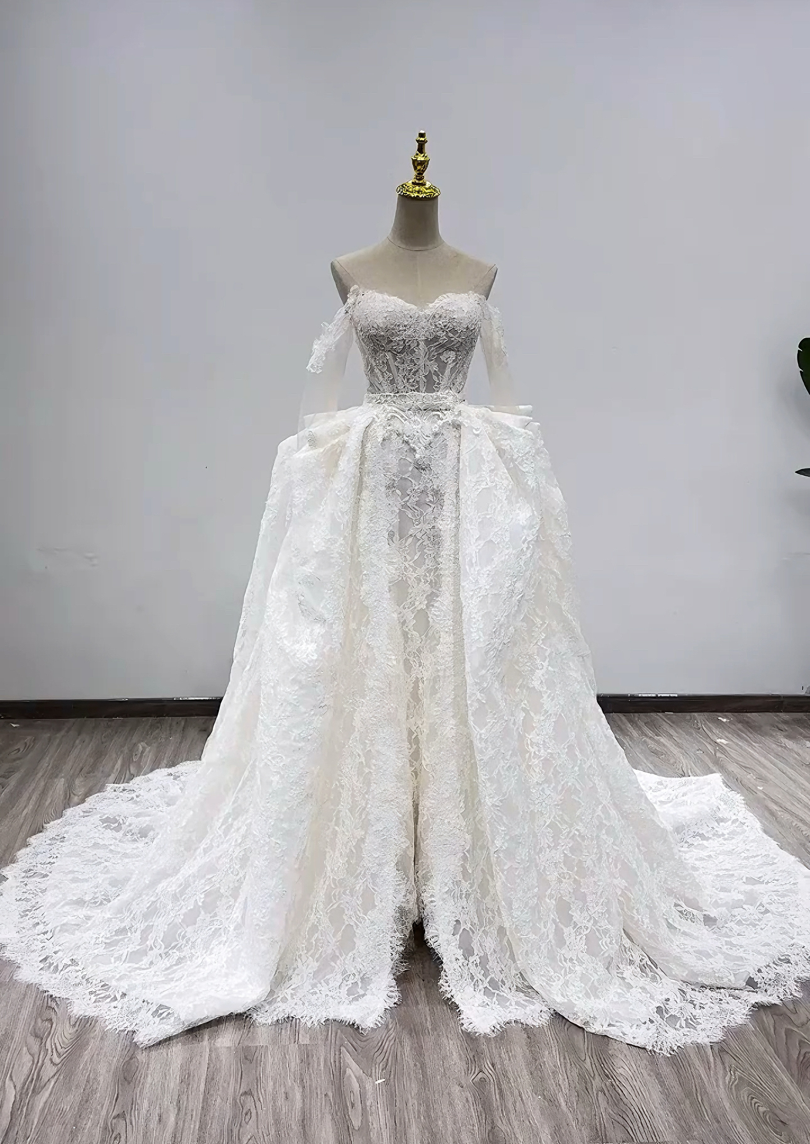 優雅！ウェディングドレス　贅沢な総レース　オフショルダー　シースルー袖　立体感　オフホワイト　上品　クラシカル結婚式挙式