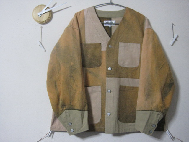 新品ノーカラーパッチワークジャケット       リメイク/No.ring姉妹店/カバーオール/ブラウン/ベージュ