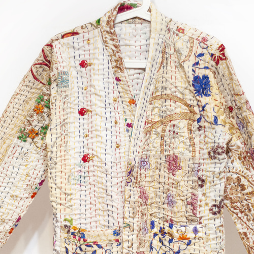 女性用手刺繍シルクジャケット インドシルクサリー パッチワーク 長袖