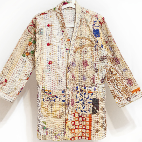 女性用手刺繍シルクジャケット インドシルクサリー パッチワーク 長袖