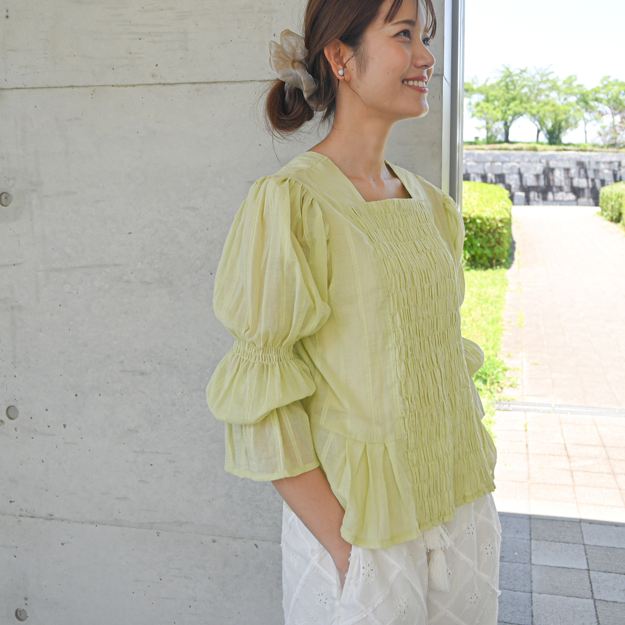 「シアーコットン100%・ローン」前後3wayキャンディースリーブ「ライムグリーン」「ライトアウター」