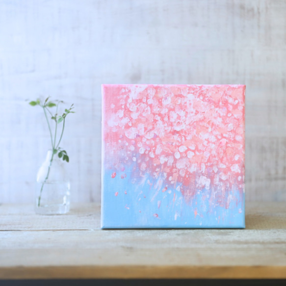 特集掲載【受注制作】【原画】抽象画　桜 舞う　180×180mm（S0サイズ）キャンバス　送料無料 2枚目の画像