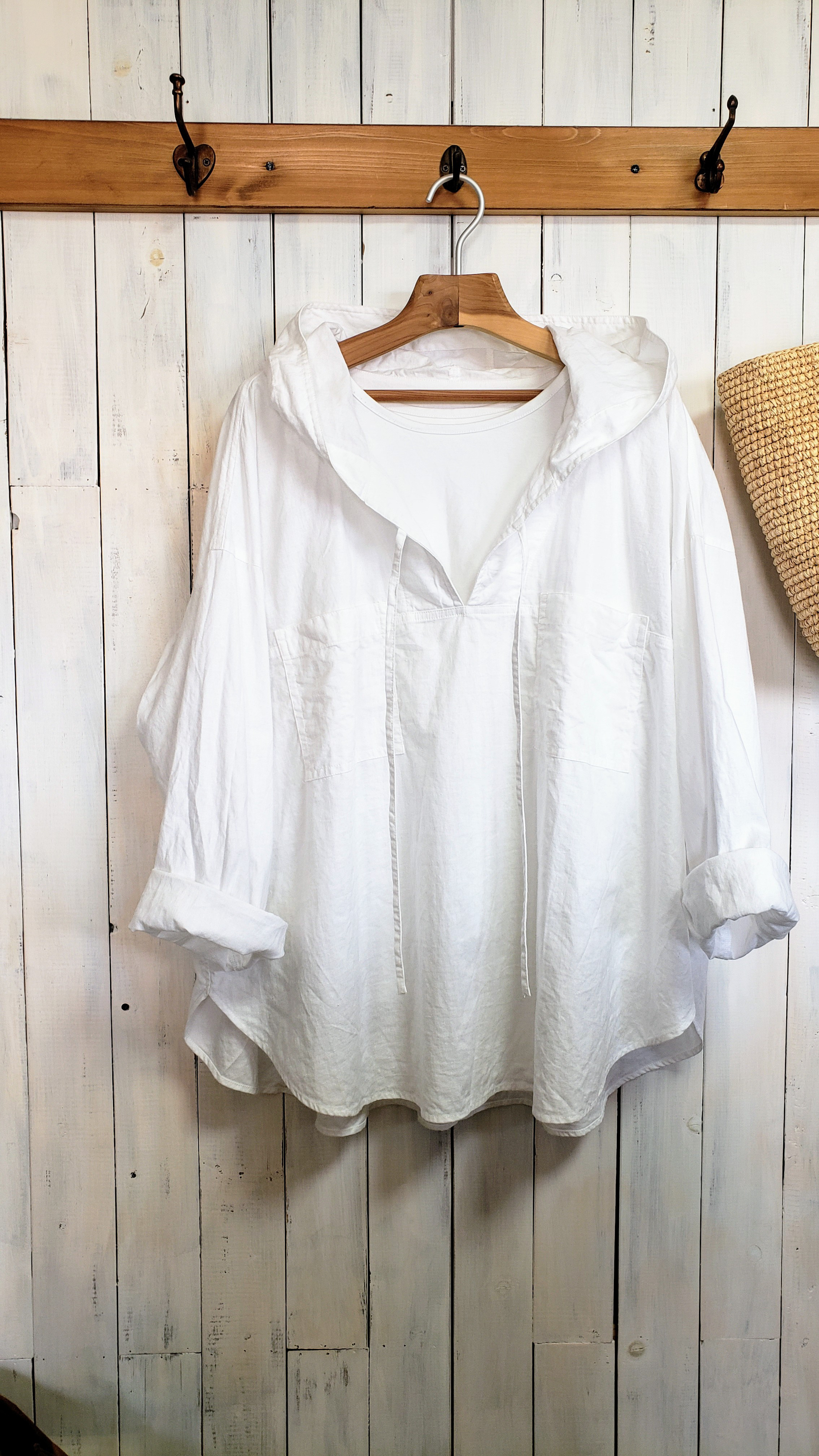 コットンリネン　オフホワイト　フード付きプルオーバーシャツ S～6L