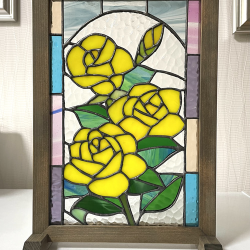 昭和レトロ 33cm×24.5㎝ ステンドグラス アンテーク パネル 薔薇 昭和レトロ 33cm×24.5㎝ ステンドグラス アンテーク パネル 薔薇