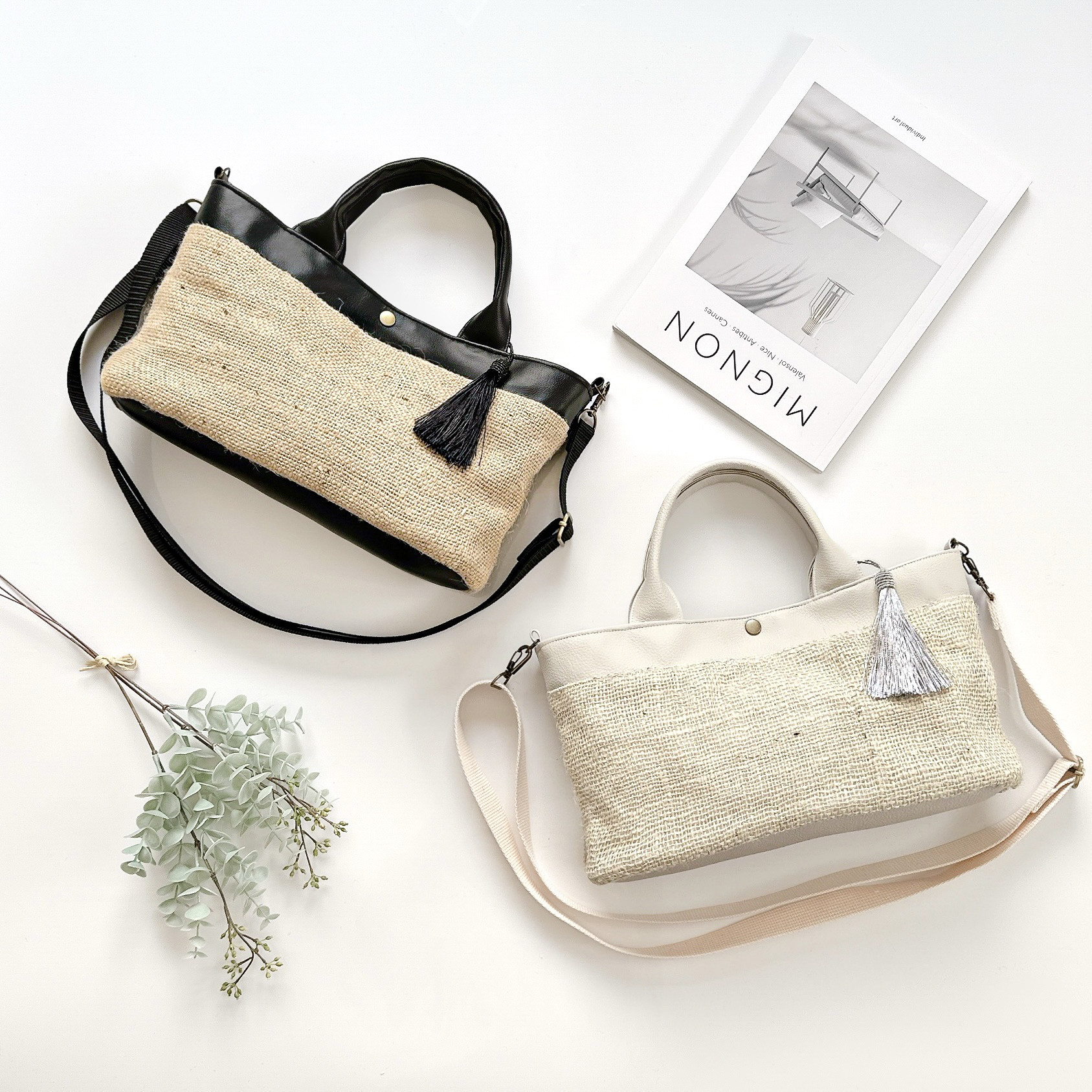 ＼新作／ジュート生地と撥水エコレザーの2wayオーバルトートバッグ【選べる2カラー】かごトートバッグ