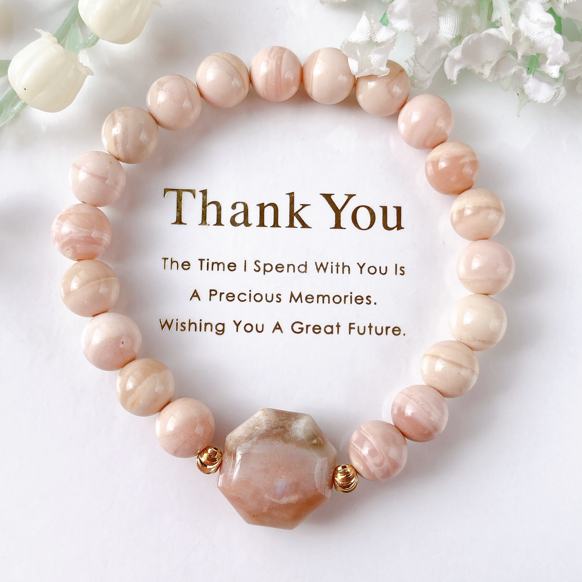 フォッシルコーラル八角タンブルピンクオパール天然石ブレスレット