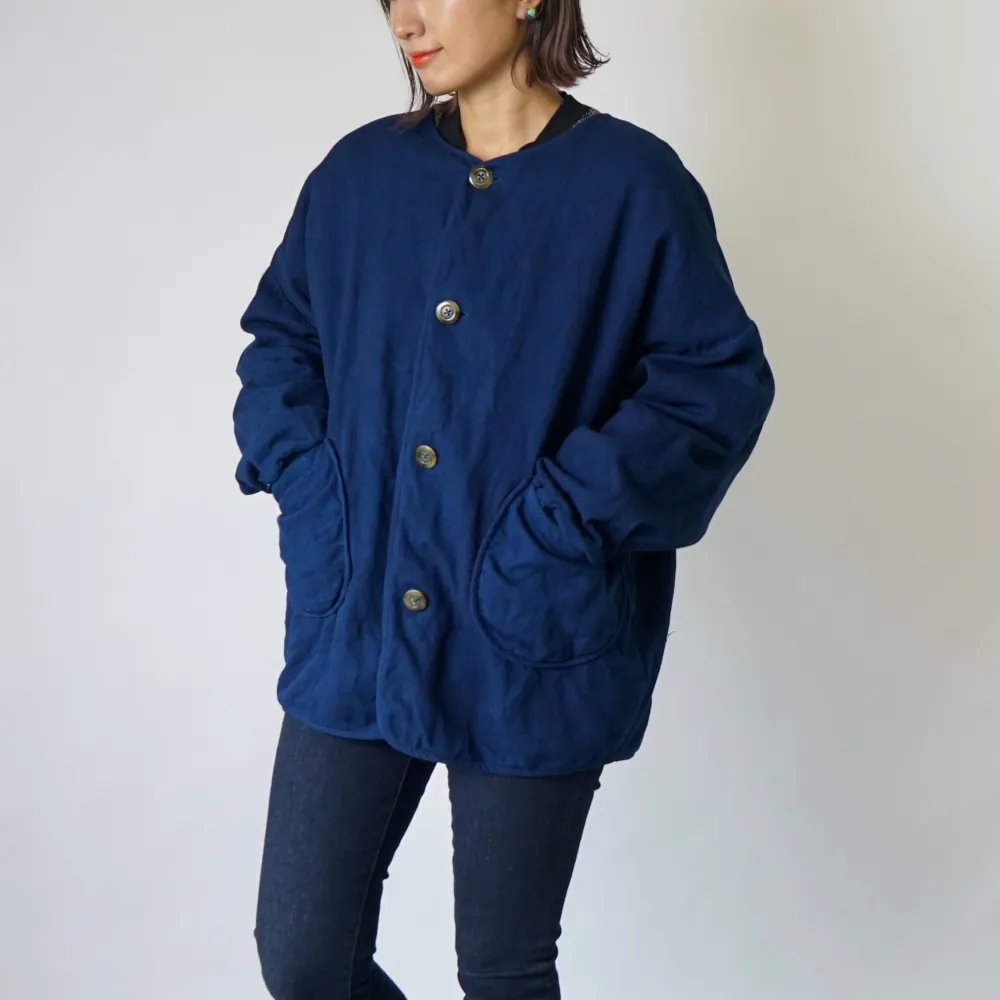 ノーカラージャケット/ネイビー/三河木綿 刺し子織