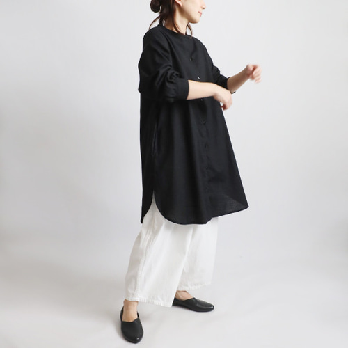 夏２０２５　上質ギマ擬麻コットン　ゆったり ヘム ラウンド 裾　ロング シャツ　前開き　羽織り　ブラック　R15C 夏SALE 上質ギマ擬麻コットン ゆったり ヘム ラウンド 裾