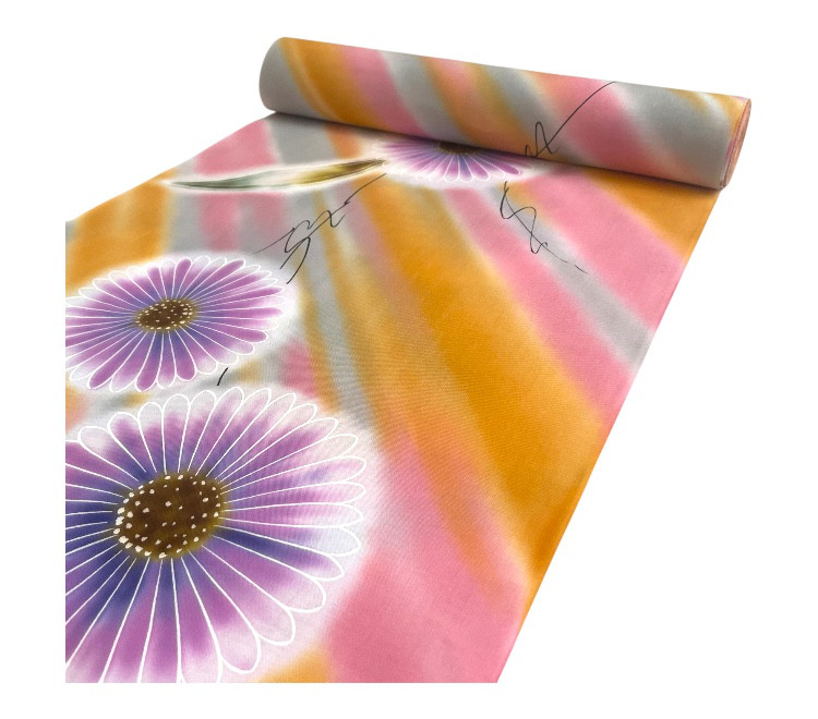 処分価格！浴衣地　本染　反物　川崎愛　オレンジ　花柄