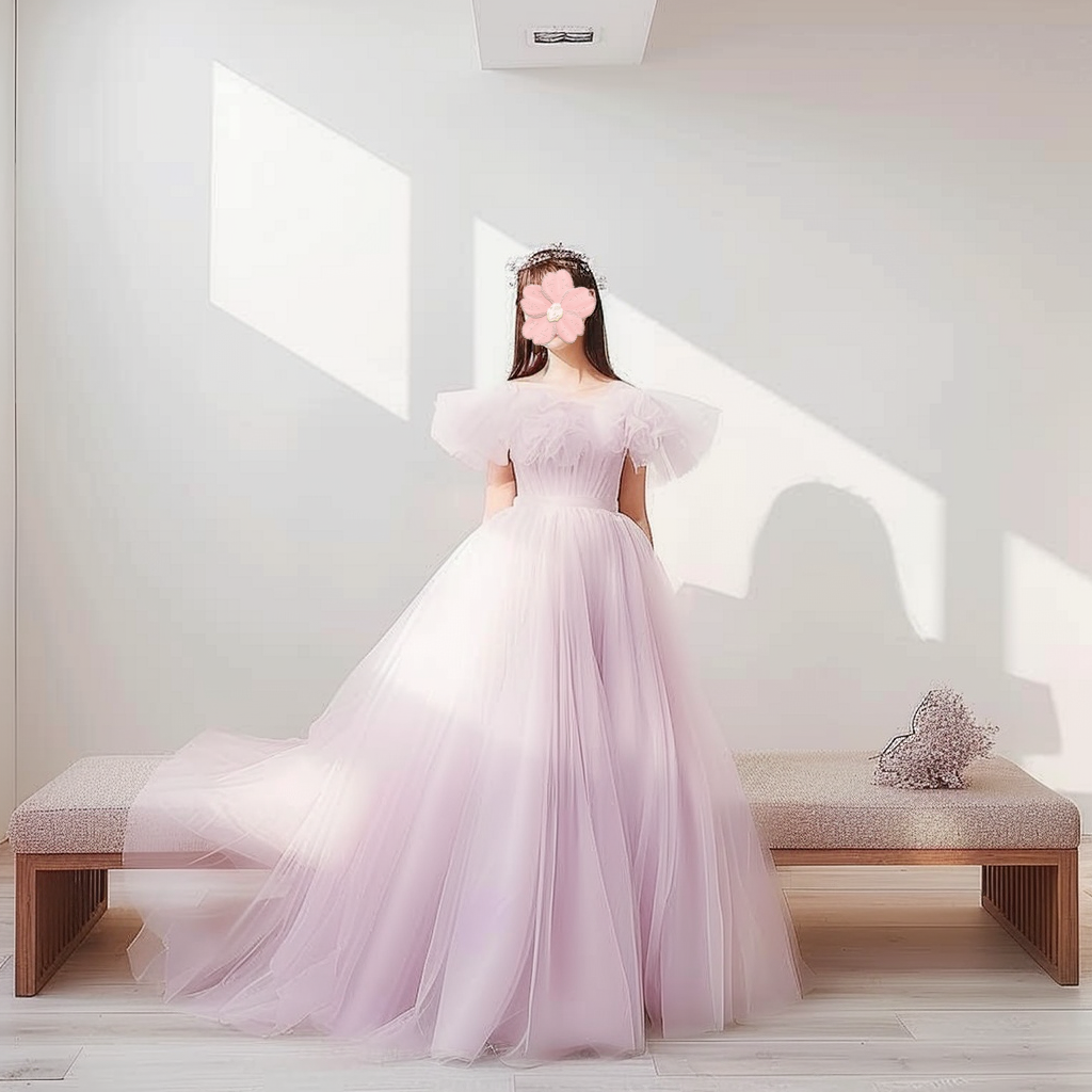 ピンク紫カラードレス　ロング丈　フリルオフショルダー　ふんわりチュール　パーティー　前撮り　二次会　結婚式 披露宴