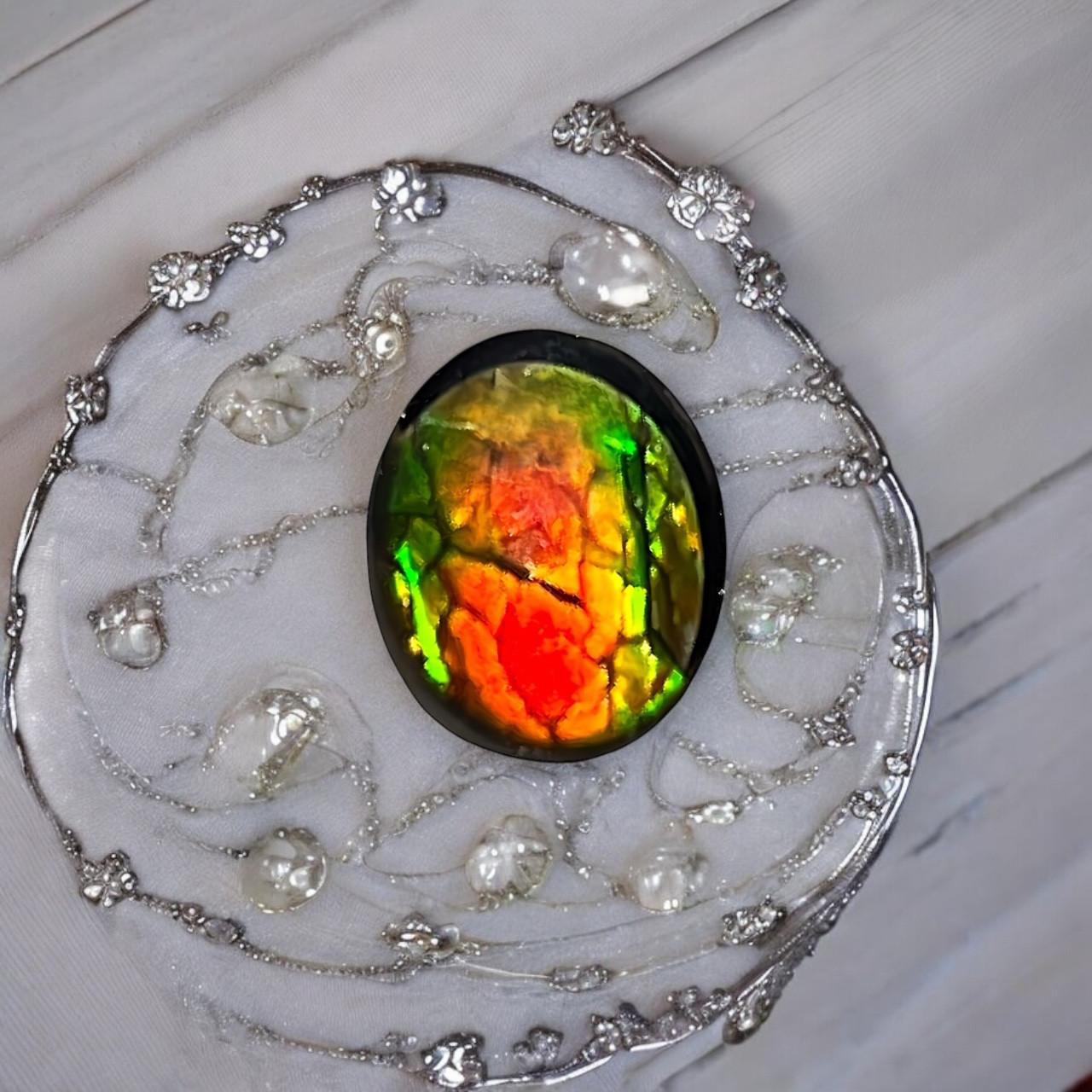 天然石 宝石 アンモライト（Ammolite）トリプレットルース オーバル 9×7mm AMOV090705