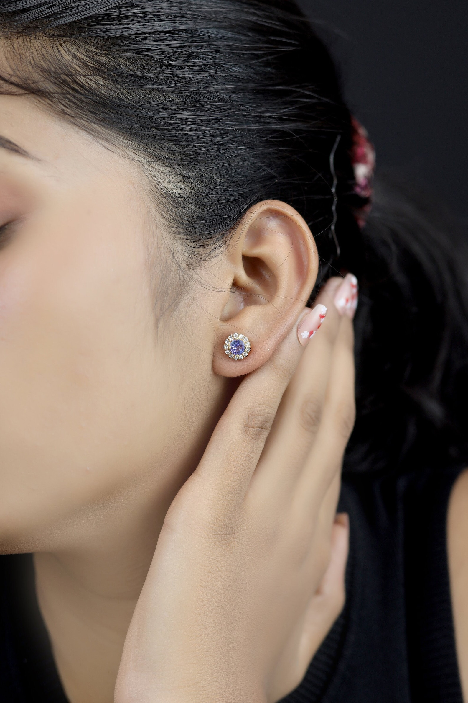 925シルバー/天然タンザナイトとダイヤモンドのスタッド イヤリング