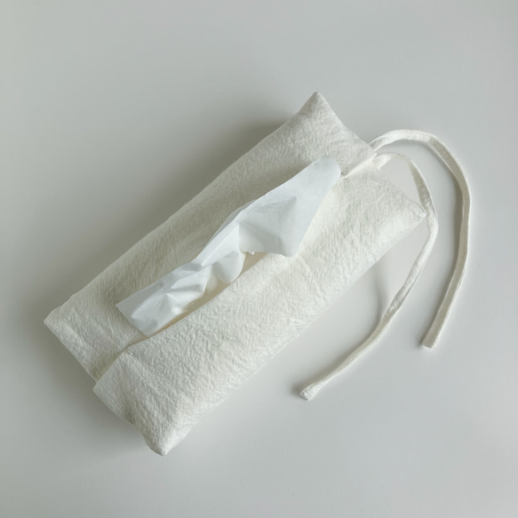 リボンで結べるリネンのティッシュカバー（ホワイト） 10枚目の画像