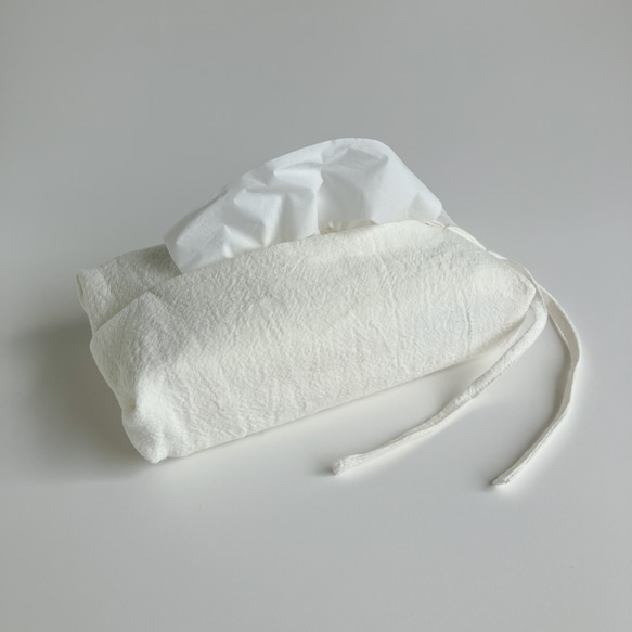 リボンで結べるリネンのティッシュカバー（ホワイト） 12枚目の画像